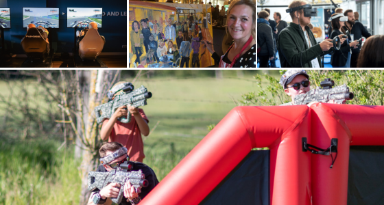 Overzichtsfoto van bedrijfsevent WePlay United met F1 racen, een schildercursus, Virtual Reality en lasergamen